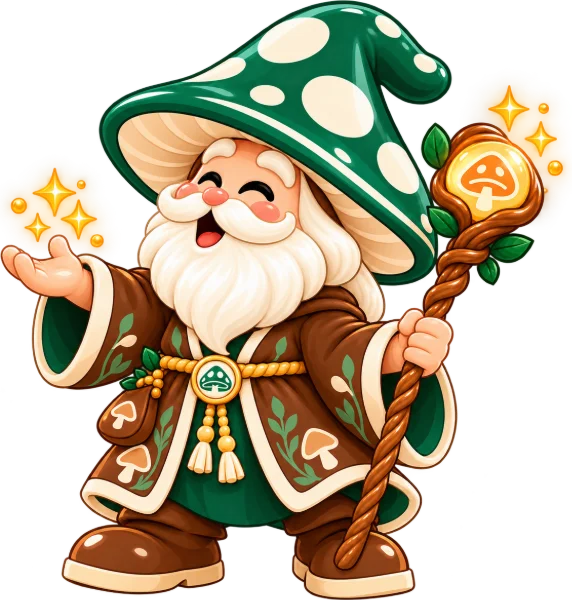 Munchroom wizard mascot with arms open in welcome