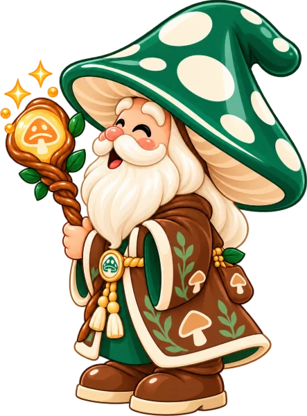 Munchroom wizard mascot raising his mushroom staff
