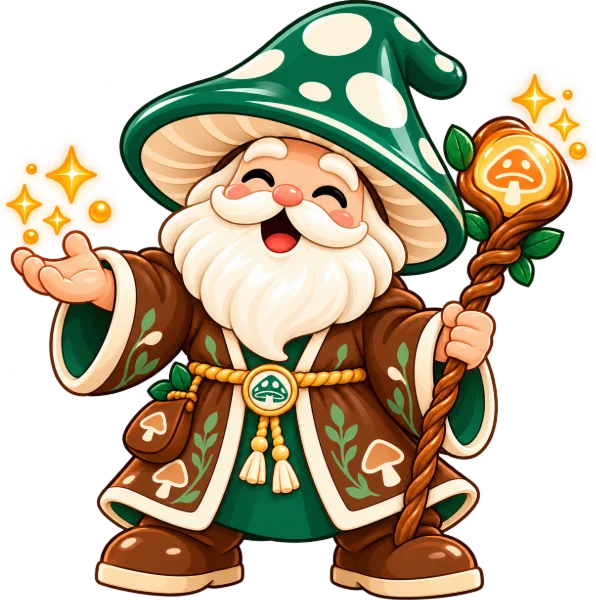 Munchroom wizard mascot holding sparkles and a mushroom staff