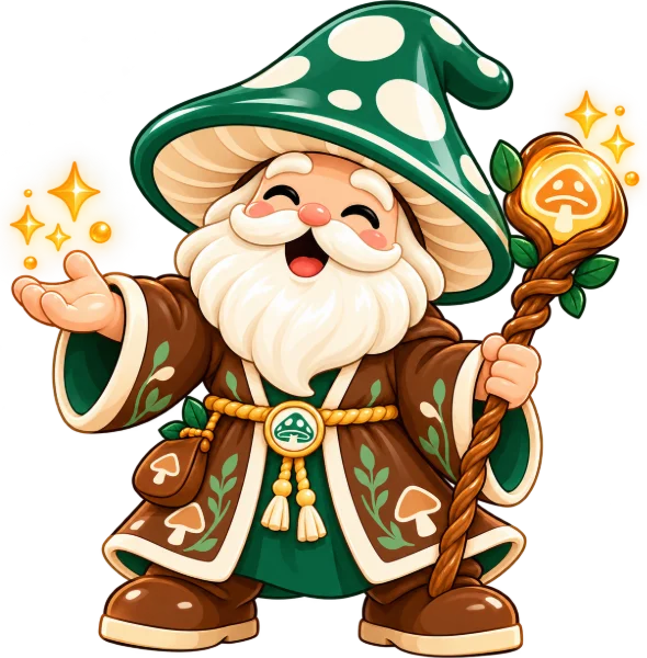 Munchroom wizard mascot waving with a glowing mushroom staff